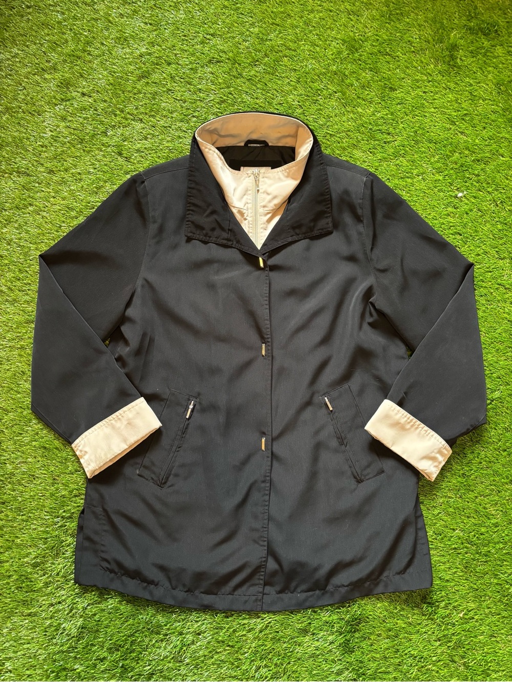 Tanjay Black Beige Contrast Collar Lightweight Coat Jacket Medium